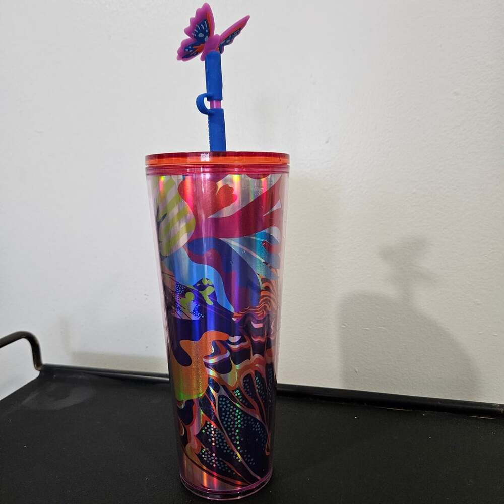 Starbucks Summer 2024 Butterfly Plastic Tumbler Cold Cup 24 oz with Straw Topper